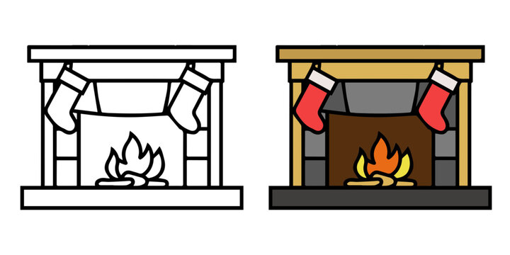 A festive fireplace with burning logs and hanging Christmas stockings, depicted in both outline and full color, evokes warmth and holiday cheer.