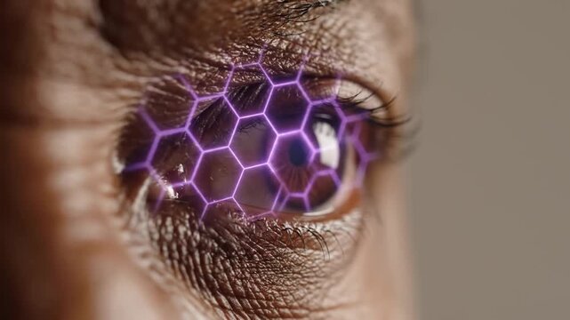 A futuristic close-up of an eye featuring a glowing purple hexagonal grid overlay that pulses and then slowly disappears, revealing a natural brown iris in a high-tech or sci-fi context.