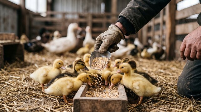 Feeding baby ducks. Poultry farm. Cute yellow  baby ducks. baby ducks on the farm. Farmer takes care of ducks. Farm babe ducks. Free range ducks. baby ducks close up. free range poultry ducks