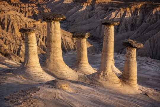 Capped hoodoo pillars standing on a pale badland bench at sunset