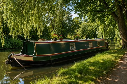 Painted narrowboat moored on a tree lined canal in dappled light