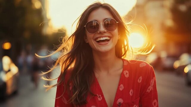 Woman wearing round sunglasses and a casual red patterned outfit, smiling brightly outdoors. Ai generated