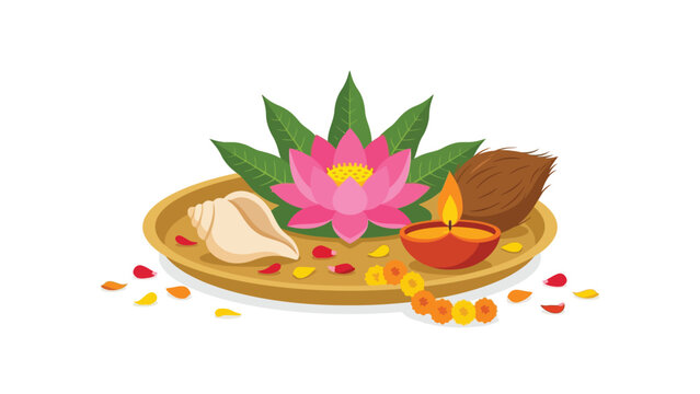 Traditional Hindu Puja Elements on Golden Plate with Diya Lamp, Lotus Flower, Shankh Conch Shell, Coconut, and Petals Vector Illustration