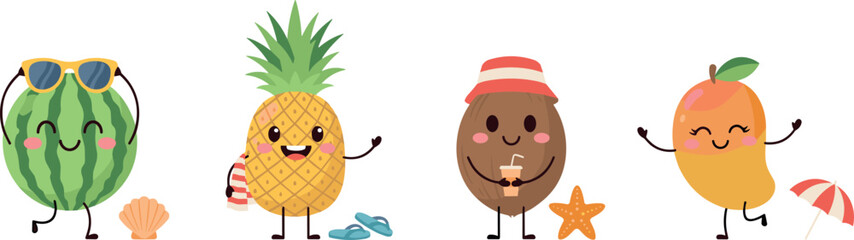 Fototapeta premium Cute Cartoon Summer Fruit Characters Vector Set Featuring Happy Watermelon, Pineapple, Coconut, and Mango Enjoying Beach Vacation and Holidays,