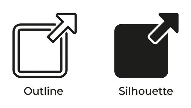 Square with an Outward Arrow Icon Comparison: An outline and silhouette icon show a square with an arrow pointing outward from the top right corner, indicating expansion or fullscreen mode.