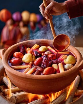 Mexican ponche simmering in clay pot over open fire with wooden ladle pouring steaming fruit punch