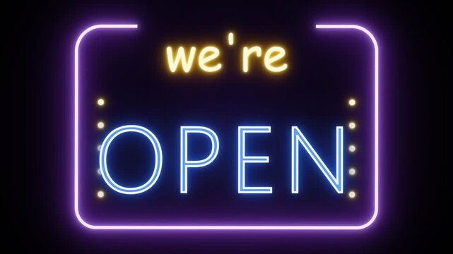 Neon Were Open Sign Glows in Purple and Blue
