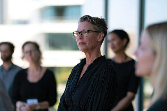 A serene woman stands amidst an outdoor gathering, capturing the essence of community and connection as she engages with others in a warm and inviting environment.