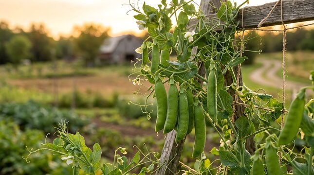 Fresh green pea pods growing on a wooden trellis in a vegetable garden at sunset