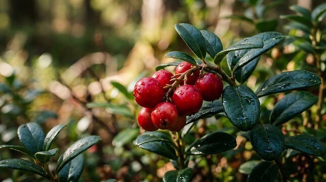 Fresh red lingonberries growing on a green shrub in a wild forest environment