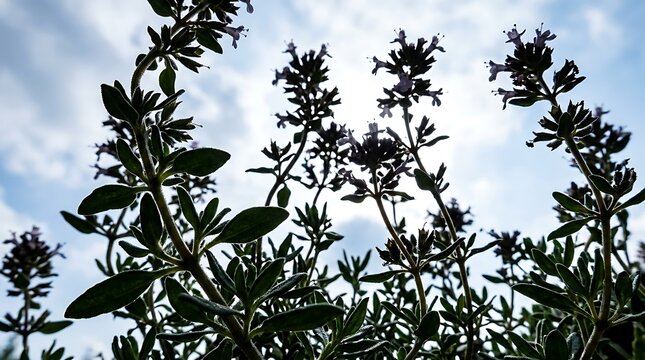 Fresh organic thyme herb plants growing in the garden under a bright cloudy summer sky