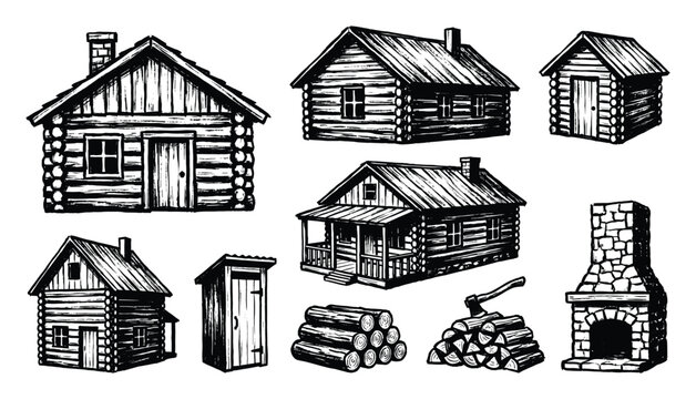 Wooden log cabin house set, rustic wood shelter, outdoor forest activity, vector illustration