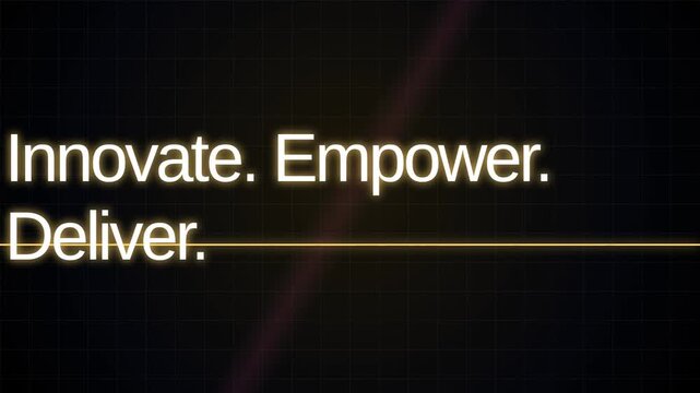 A sleek corporate animation featuring the motivational words 'Innovate. Empower. Deliver.' against a dark background with subtle glowing light effects and lens flares.