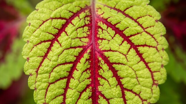 Macro closeup shot of a vibrant coleus plant leaf with contrasting green and purple veins