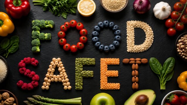 Top down food concept showing FOOD SAFETY spelled with broccoli tomatoes blueberries oats raspberries chickpeas lentils almonds spinach and other fresh ingredients on dark slate, with food, safety