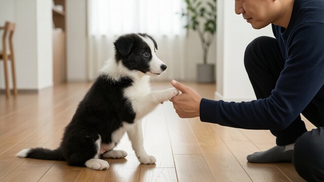Animal - Asian man training cute border collie puppy to shake hands indoors