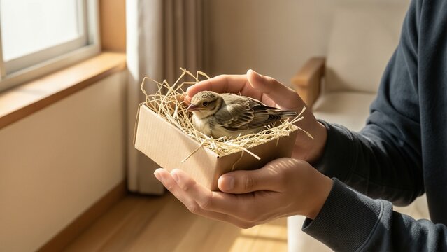Animal - Asian person holding a small bird in a cardboard box filled with straw indoors