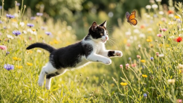 Animal - A cute black and white kitten leaping in a meadow to catch a monarch butterfly