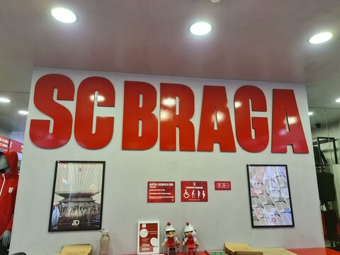 Braga, Portugal - December 12, 2025: SC BRAGA flagship store interior. The official SC Braga store is located in the Braga Parque shopping center