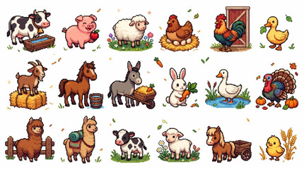 Naklejka premium Set of cute cartoon farm animals including cow pig sheep chicken rooster duck goat horse donkey rabbit goose turkey alpaca and llama.