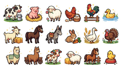 Naklejka premium Set of cute cartoon farm animals collection including cow pig sheep chicken rooster duck goat horse donkey rabbit goose turkey llama alpaca and baby chick.