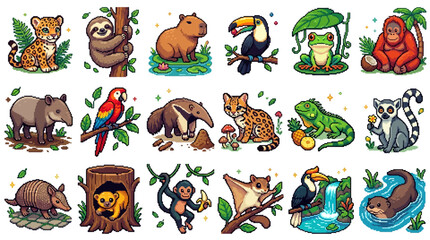 Naklejka premium Collection of cute cartoon rainforest animals and tropical wildlife icons set.