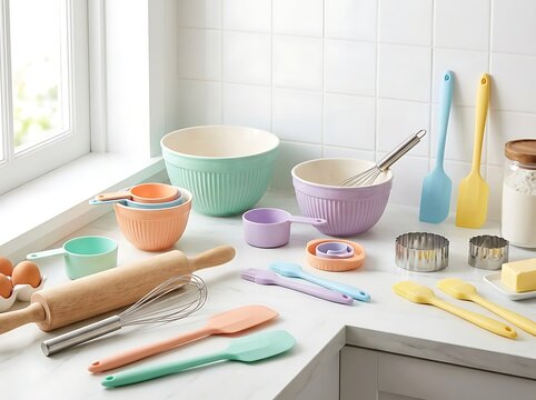 Colorful kitchen baking tools and utensils arranged on a clean bright countertop. rainbow kitchen essentials