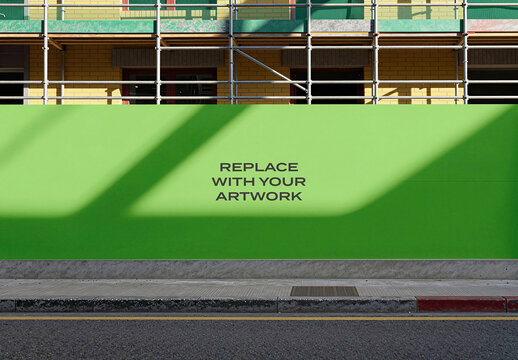 Large construction hoarding mockup with scaffolding and building facade in an urban street scene, outdoor advertising display, wall art presentation