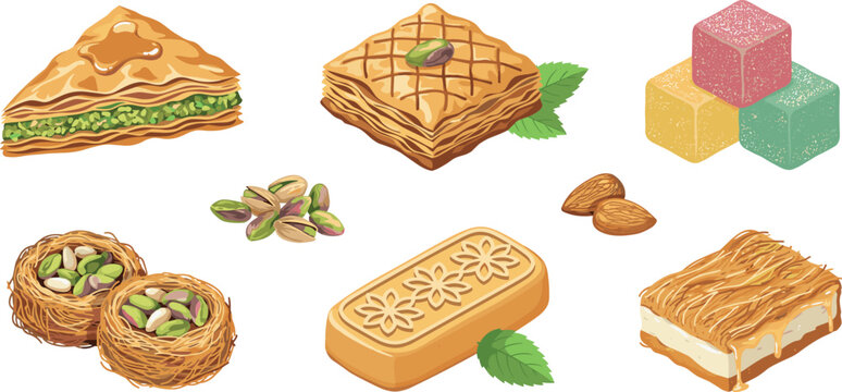 Traditional Arabic and Turkish Dessert Vector Set Featuring Baklava, Turkish Delight cubes, Kadaif bird nests, Kunafa, Maamoul Cookie, and Pistachios,