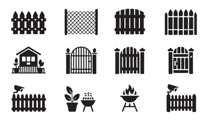 Obraz premium Garden fence silhouette set with backyard elements like barbecue and plants on a transparent background.