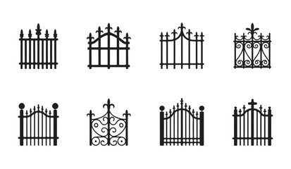 Obraz premium Decorative iron gate silhouette icons set featuring ornate metal patterns for elegant garden property boundary.