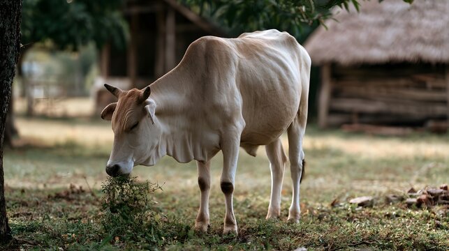 A light colored cow grazes peacefully on green vegetation in a rural setting with wooden structures and trees in the background
