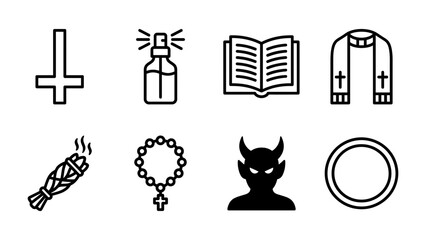 Fototapeta premium Religious and Occult Symbols: A collection of iconic symbols, including an inverted cross, holy water spray, open bible, stole, incense, rosary, devil silhouette, and a ring.