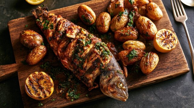 Whole grilled fish with crispy roasted potato and charred lemon served on wooden board garnished with fresh herb for meal