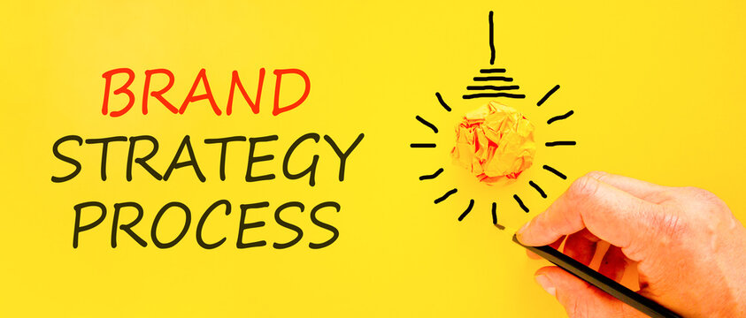 Brand strategy process words symbol. Concept words Brand strategy process on beautiful yellow paper. Beautiful yellow background. Businessman hand. Business brand strategy process concept. Copy space.