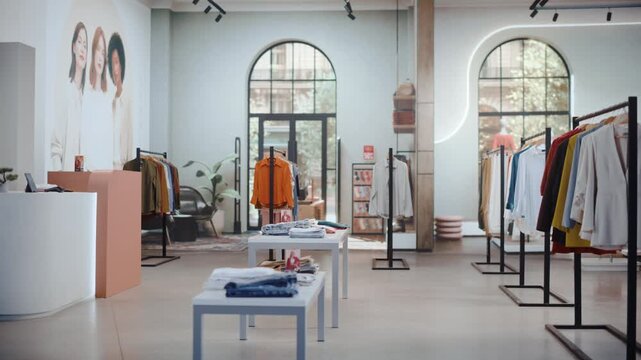 Slow Panning Establishing Shot Inside an Empty Modern Fashion Boutique, Revealing Racks of Stylish Clothes, Folded Garments on Display Tables, Arched Windows and a Minimalist Checkout Counter.