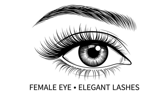 Very beautiful black and white realistic vector illustration of a female eye with long eyelashes close-up, FEMALE EYE &bull; ELEGANT LASHES, expressive contours and elegant eyelash linework, isolated on wh