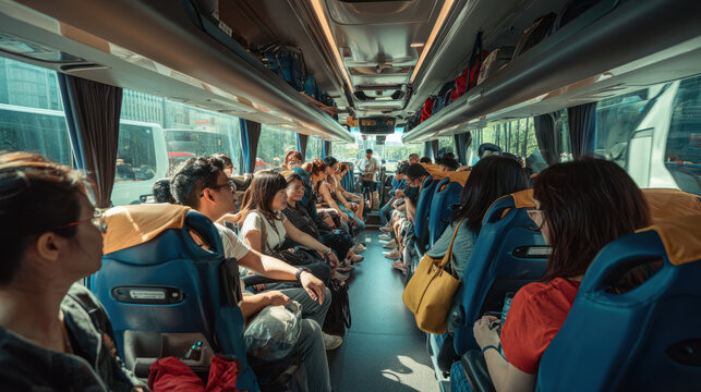 A bus interior filled with seated passengers, likely embarking on a travel adventure.