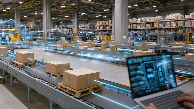 A modern warehouse with conveyor belts transporting cardboard boxes and a laptop displaying logistics data