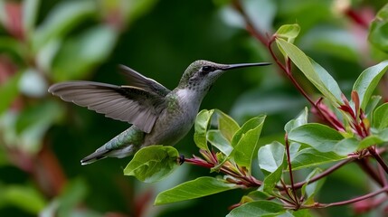 Obraz premium A hummingbird hovers near green leaves with wings in motion showcasing iridescent feathers and a slender beak against a soft blurred background