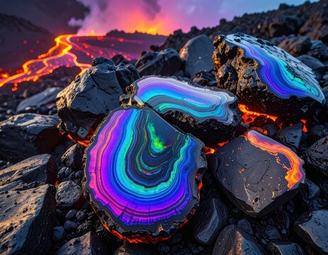 Molten lava flowing around iridescent rainbow mineral rocks.
