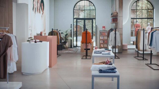 Clothing Store Interior With a Minimalist Scandinavian Aesthetic, Featuring Curated Garment Racks, Mannequin Displays and Neatly Styled Merchandise Inside a Bright Contemporary Fashion Boutique Space.
