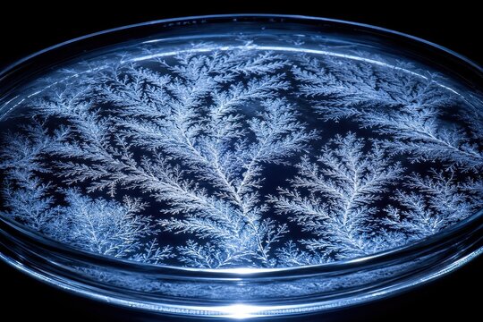 Ice crystal growth spreading across a supercooled dish