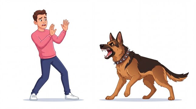 Scared young man gestures defensively at a growling german shepherd dog presented on white background