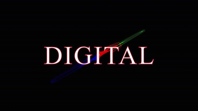 Abstract digital light streaks forming the word DIGITAL with glitch effects in dark background