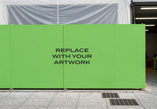 Construction hoarding mockup with placeholder text for artwork display, positioned on a sidewalk near building entrance, Template, design, presentation
