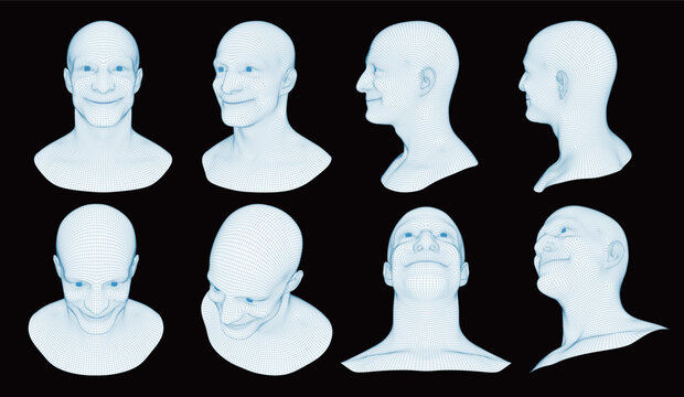 3D Wireframe Human Head Set Showing Eight Viewing Angles, Detailed Digital Face Mesh and Human Anatomy Model for 3D Modeling, Facial Topology, AI Technology and CGI Design