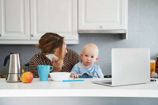 Mother balancing between work and baby on sick or maternity leave.