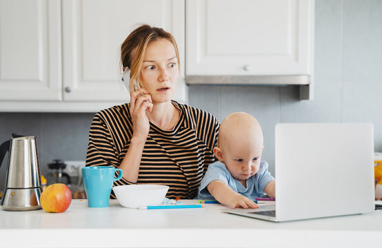 Mother balancing between work and baby on sick or maternity leave.