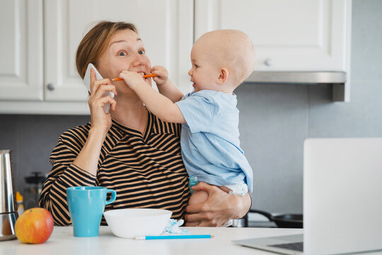 Mother balancing between work and baby on sick or maternity leave.